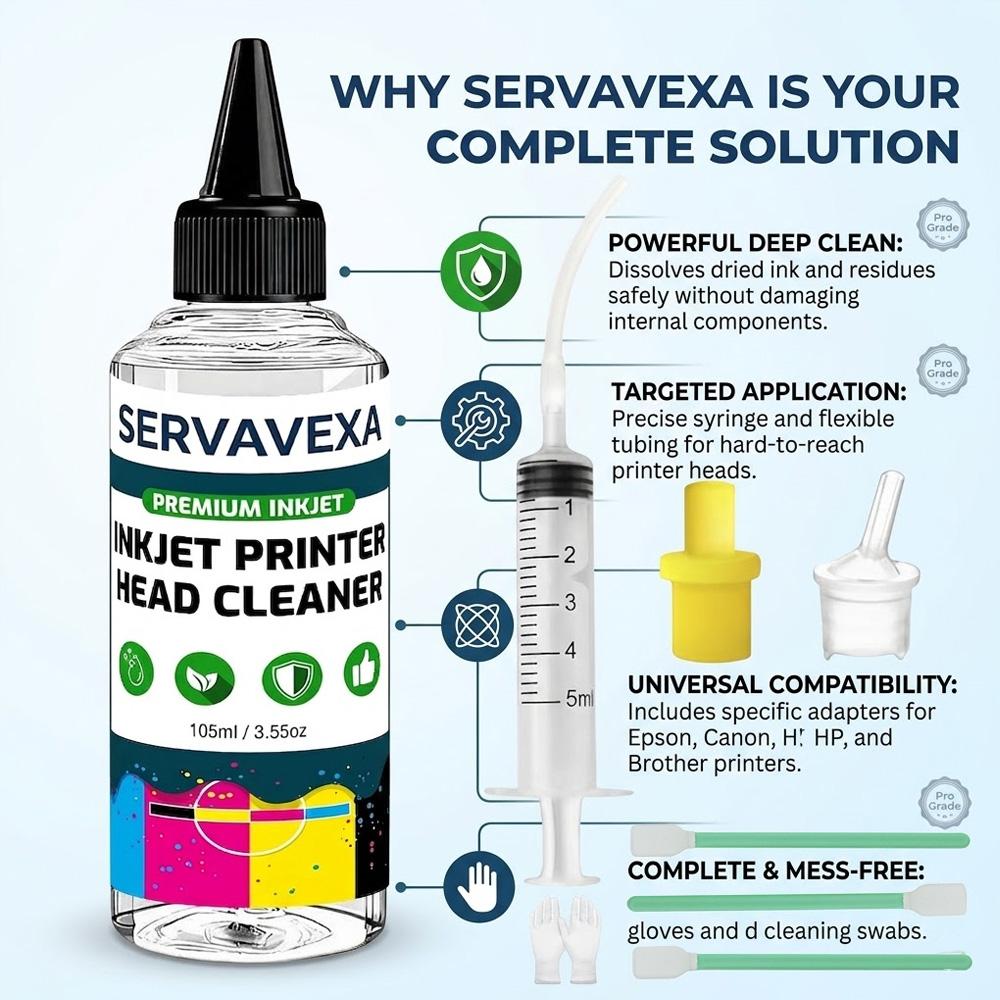 Набор для очистки печатающей головки струйного принтера SERVAVEXA 105 мл для Epson HP Canon Brother Lexmark - средство для прочистки сопла печатающей головки и инструменты.