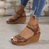 Fashion Vintage Pu Brown Metal Decoration Wedge Heel Sandals Women Summer Round Toe Ankle Strap High Heel Sandals Soft Sole Shoeswomen