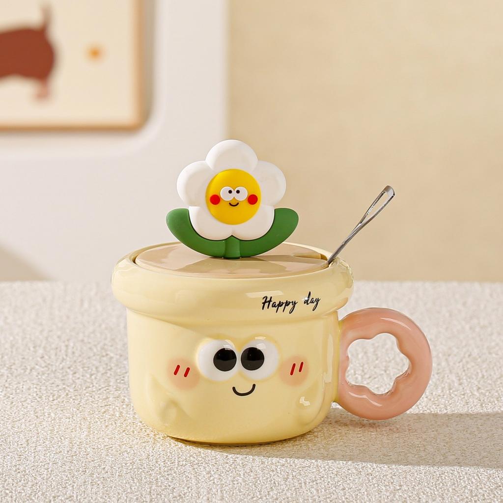 New product with lid small flower ceramic cup with cute expression mug office high value large capacity cup girls gift