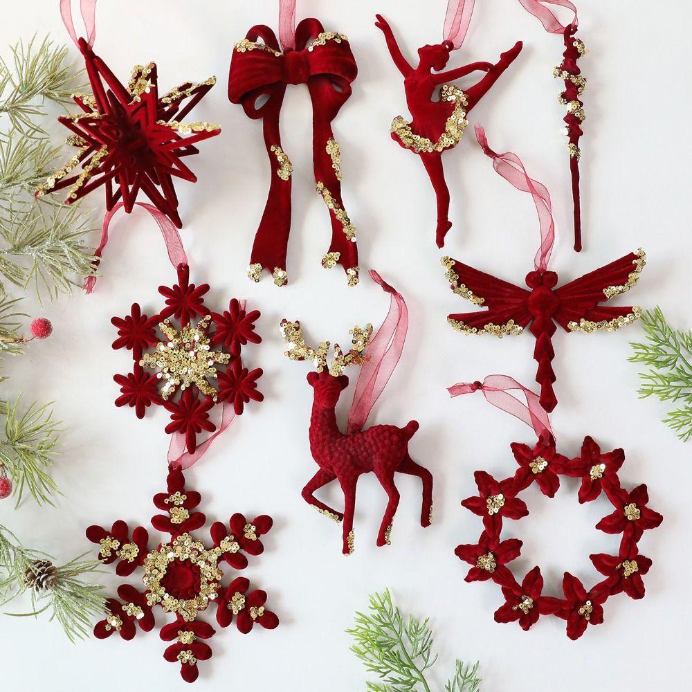 New Red Xmas Tree Ornament Bowknot Flocked Xmas Tree Charm Flower Wreath Hanging Christmas Tree Pendant Party Supplies