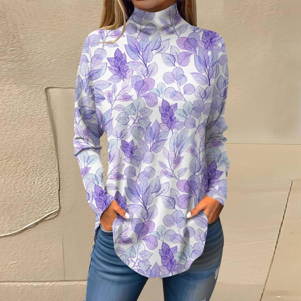 Женская свободная футболка с высоким воротом и длинными рукавами с цветочным принтом в стиле ретро, топ-пуловер