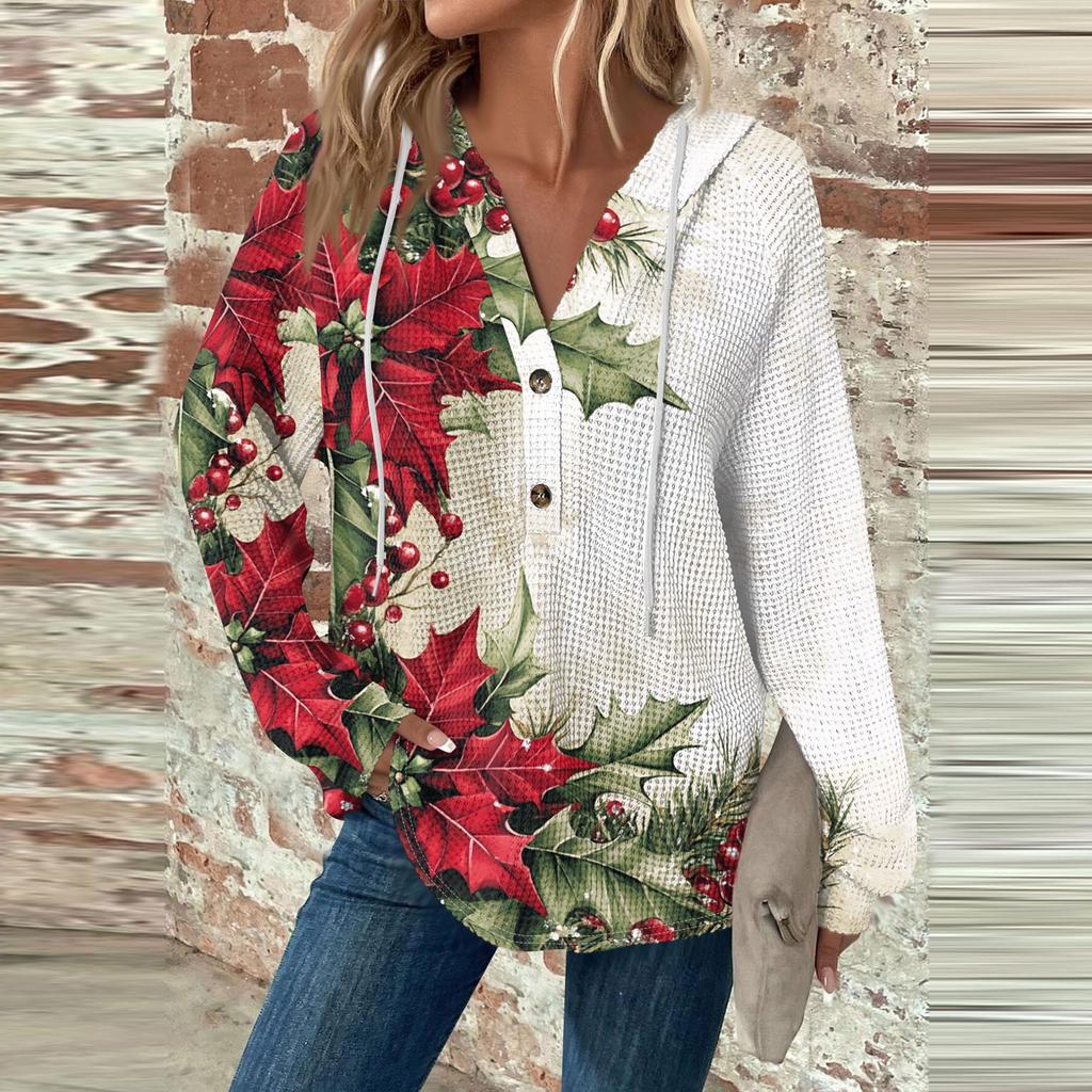 Women's Fashion Casual Long Sleeve  Drawstring Button V-Neck  Hooded Christmas Printed Sweatshirt Top