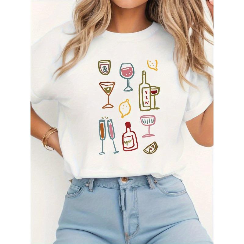 Women's Hand-Drawn Cocktail & Wine Chart T-Shirt - White & Black Short Sleeve Casual Tee with Martini, Daiquiri,