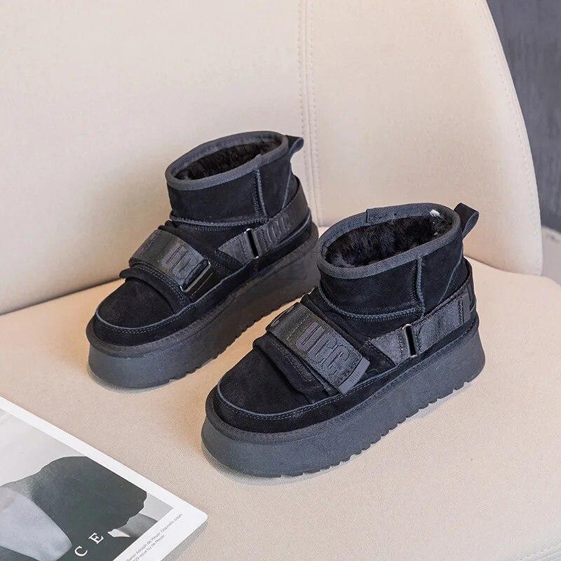Зимняя женская обувь из коровьей замши, модные зимние сапоги для девочек, дизайнерские ботинки на плоской подошве, повседневные утолщенные ботинки