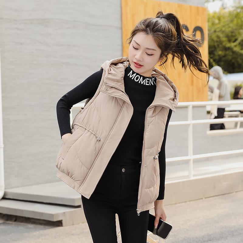 Women Autumn Winter Hooded Collar Sleeveless Solid Color Drawstring Warm Coat Vest