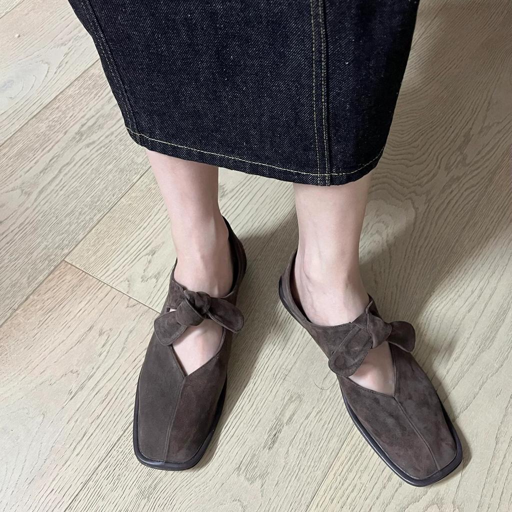 Кожа Замша Нишевый Бант Устойчивый Каблук Два Способа Носки Квадратный Носок Одинарные Туфли Женские Весенне-Осенние Балетки Мэри Джейн