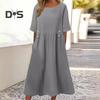 Summer Dress with Pockets Round Neck Loose Waist Short Sleeves Calf Length Solid Color Midi Dress for Work School Dating