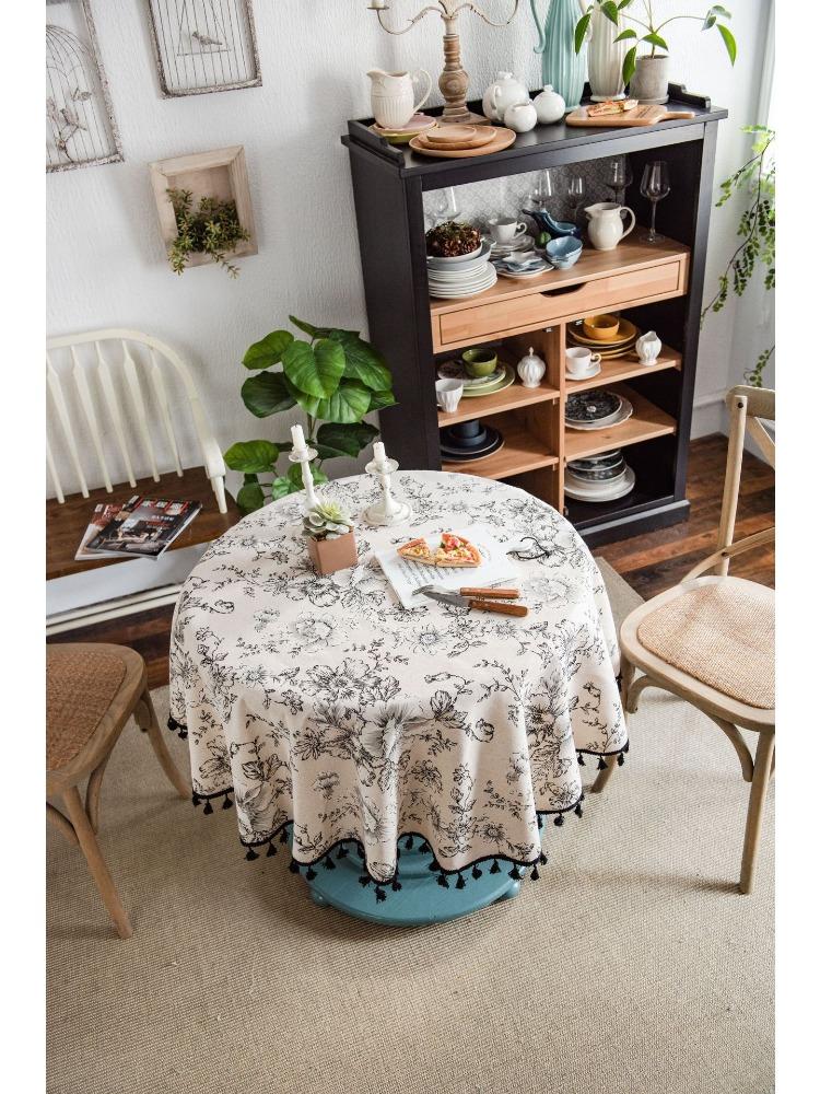 French Vintage Floral Print Tablecloth with Tassels - Black and White Rose Design, Round Cover for Dining Room or Kitchen Decor