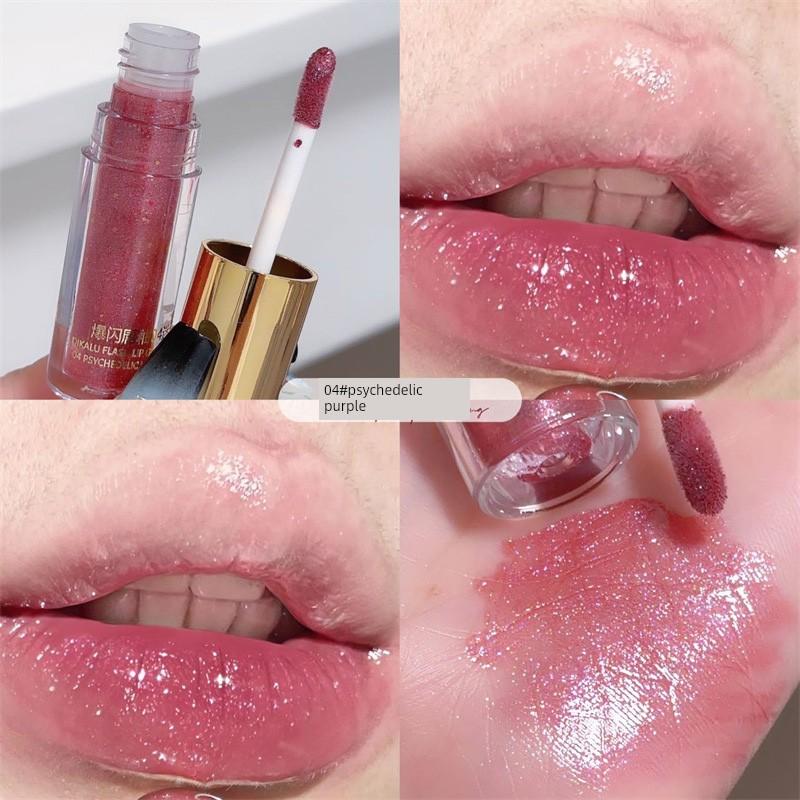 Sparkling Lip Gloss, Mirror-Like Lip Color, Fine Shimmer, Transparent Water-Gloss Lip Gloss, Nude Color, Low Saturation, Plump Lips, Pure Desire,