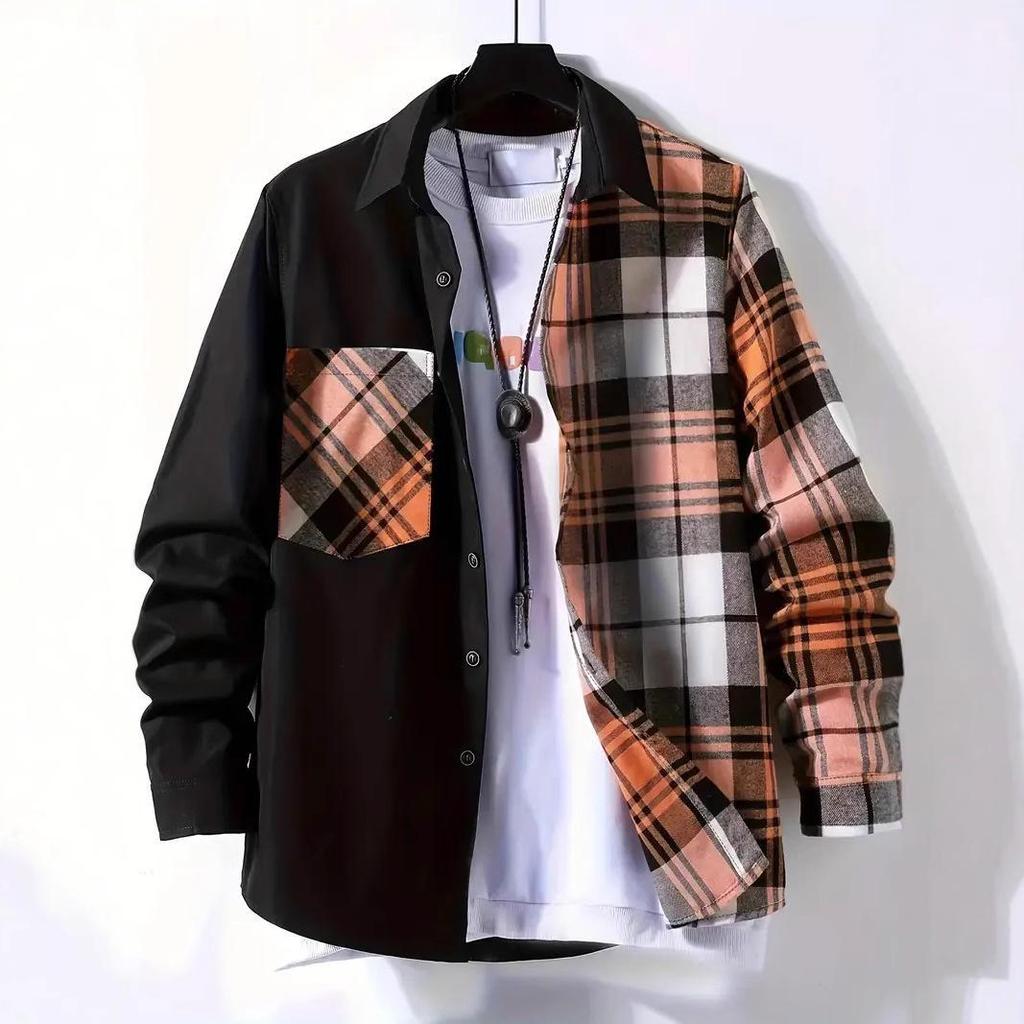 Весенне-осенняя мужская повседневная рубашка в клетку с длинным рукавом и лацканами