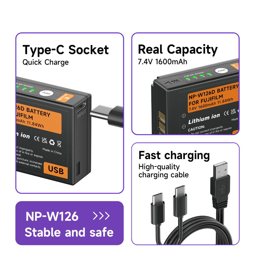 PALO Аккумулятор NP-W126 Type-C емкостью 1600 мАч с индикаторной лампочкой для Fujifilm Fuji X-Pro1 XPro1 X-T1 XT1 X-T2 X-E2 X-E3 X-T10 X-T20 X-M1 HS30EXR HS33EXR