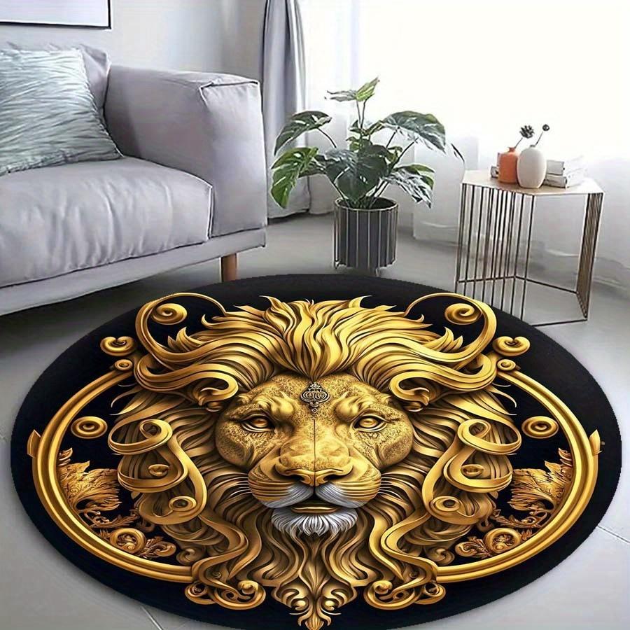 Lion Round Velvet Rug Plush Crystal Velvet, Non-Slip Soft Carpet for Bedroom, Living Room & Office Decor