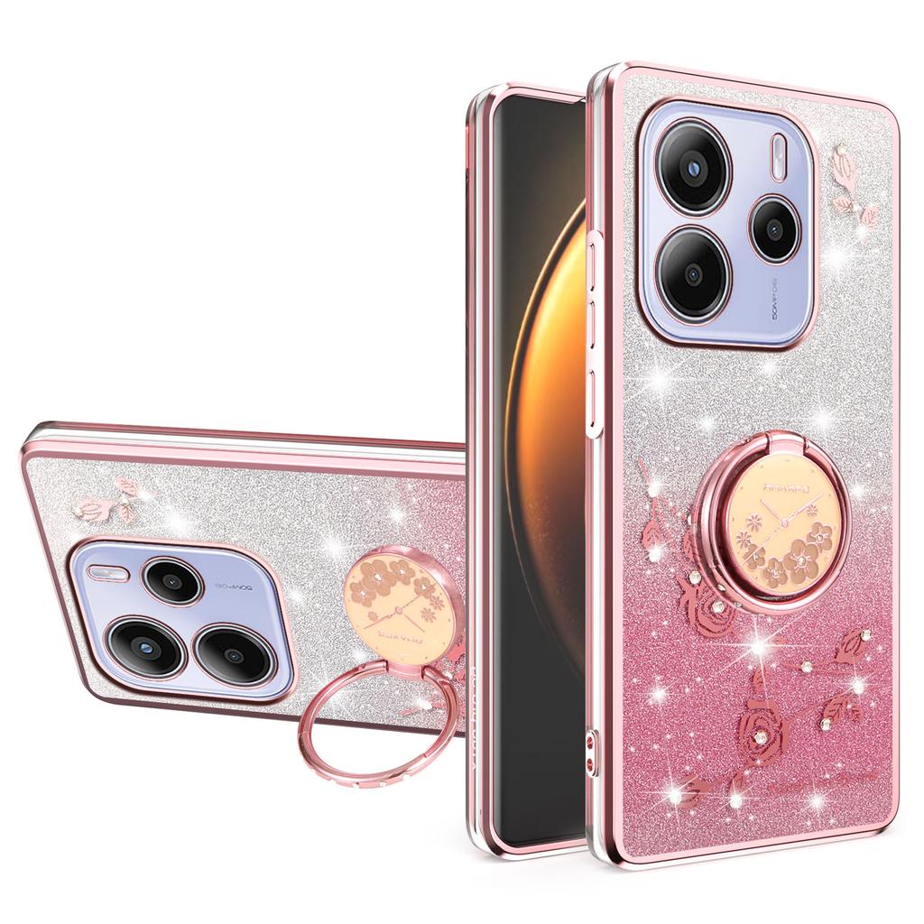 For Xiaomi Redmi Note 14 5G Case Ring Kickstand TPU Flowers Phone Cover Gradient Glitter