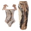 2023 Retro Marble Print One-Piece Swimsuit and Beach Gauze Skirt Set