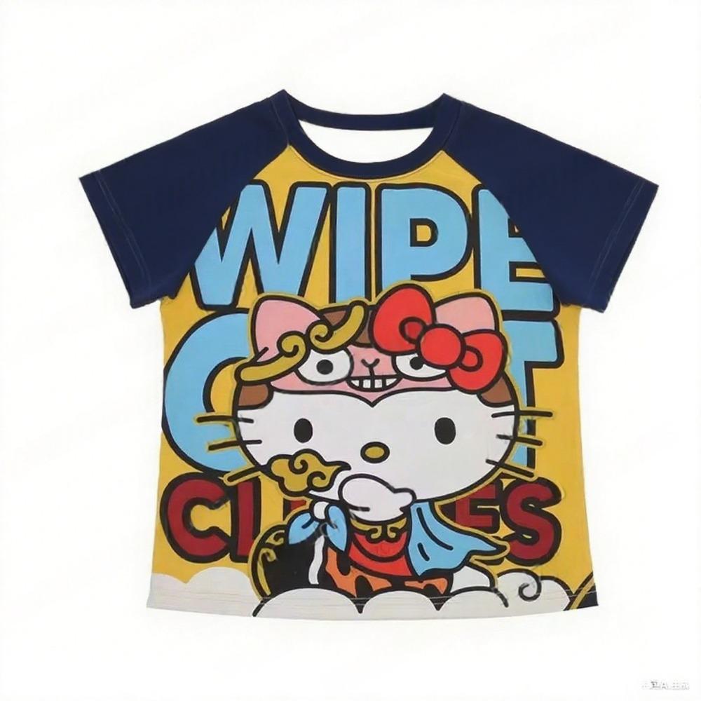 2026 New Kids Hello Kitty Anime Fashion Short Tops Y2k Summer Cute Tees Cartoon Printed High Street Gothic Short Sleeve T-shirts