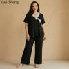 Plus Size Women Pajama Set V‑Neck Lace Bow Short Sleeve Wavy Edge Wide Leg Pants Soft Smooth Sleep Loungewear