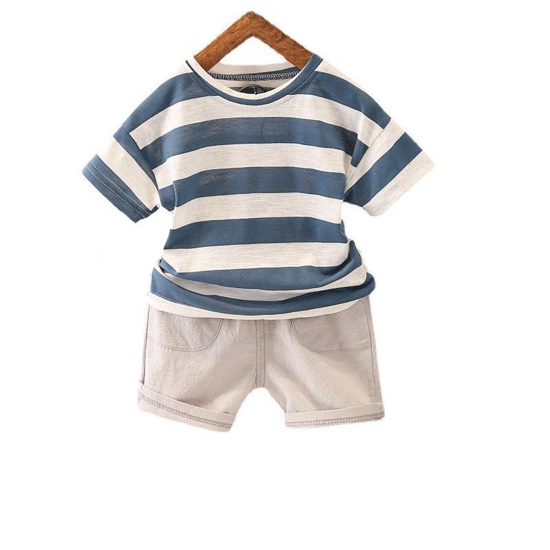 "Boys' 2023 Summer Striped Short-Sleeve Two-Piece Suit - Korean Style Trendy Casual Outfit"
