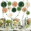 15pcs Wedding Party Decorations Set Green Tissue Paper Pom Poms Dot Paper Garland String Hanging Backdrop for Engagement Green Boho Wedding