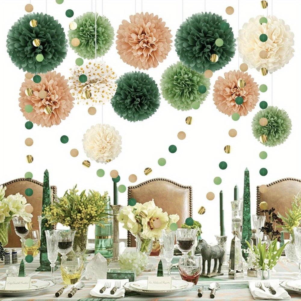 15pcs Wedding Party Decorations Set Green Tissue Paper Pom Poms Dot Paper Garland String Hanging Backdrop for Engagement Green Boho Wedding
