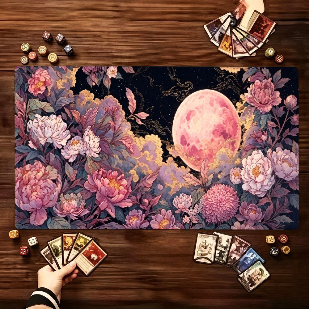 Fantasy Game Mat Romantic Pink Peony Flower Full Moon Pattern Smooth Non Slip Rubber Desk Pad For Tabletop Card Games And Gaming
