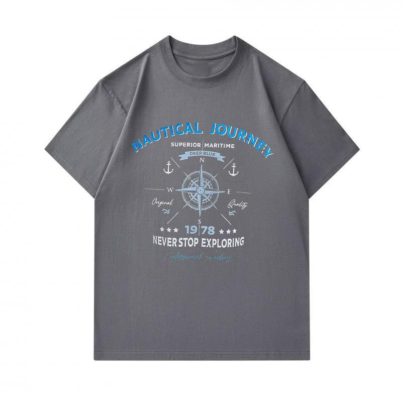 Men's 100% Cotton Crew Neck Short Sleeve T-Shirt, Nautical Journey Compass Anchor Print Casual Maritime Never Stop Exploring Sailing Top for Daily Wea