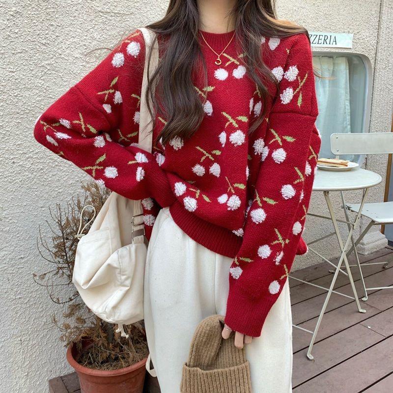 Осень Зима Новый Вязаный Свитер Оверсайз с Принтом Вишни Женский Ленивый - Шикарный С Круглым Вырезом Сладкий Свитер Пуловер
