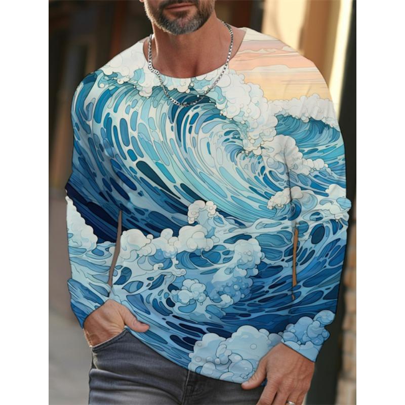 Новая мужская футболка с длинными рукавами Ukiyoe с 3D-печатью, высококачественный рисунок волн и кошек, мужской осенний повседневный топ с круглым вырезом