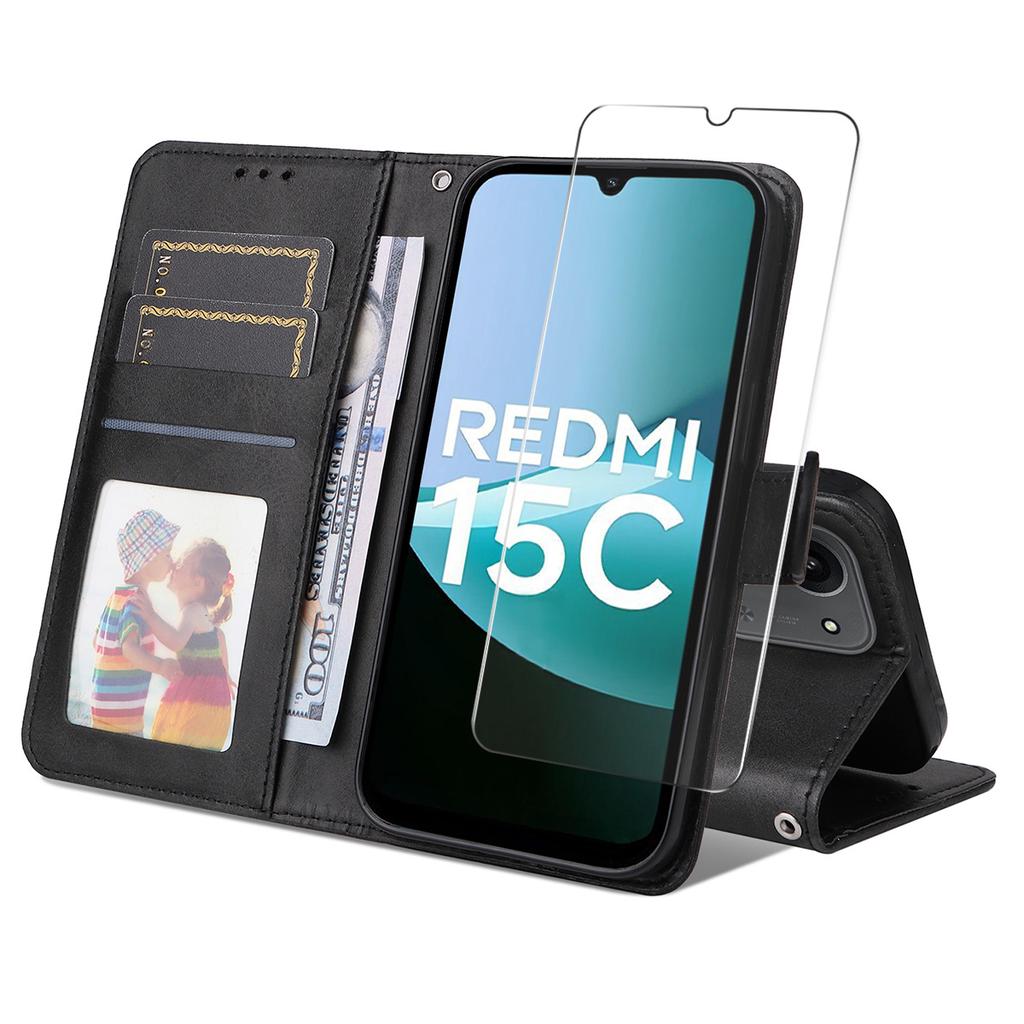 For Xiaomi 15C 4G (Global) (171mm)/Poco C85 4G PU Leather Wallet Case Phone Stand Cover with Tempered Glass