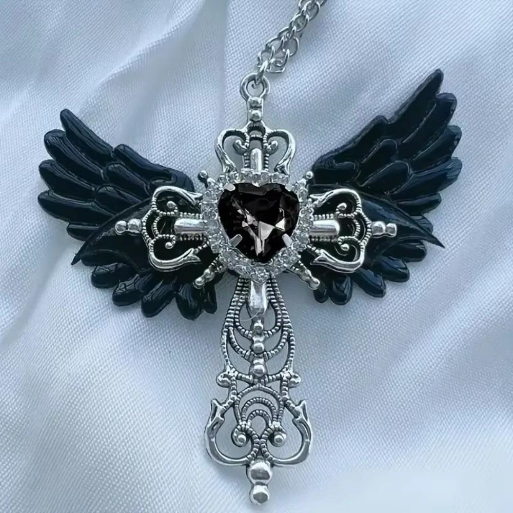 Faux Zirconia Pendant Necklace Gothic Wings Cross Pendant Valentine's Day Gift