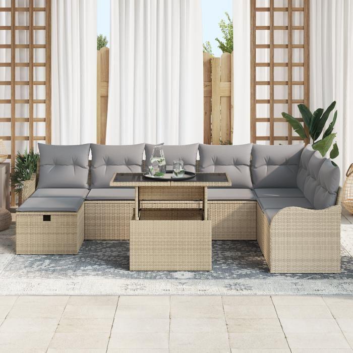 VidaXL 9-Piece Garden Sofa Set with Cushions Beige Poly Rattan 3359737