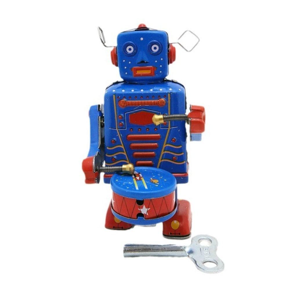 Drumming Robot Clockwork Walking Toy Iron Metal Vintage Mechanical Clockwork  Collection