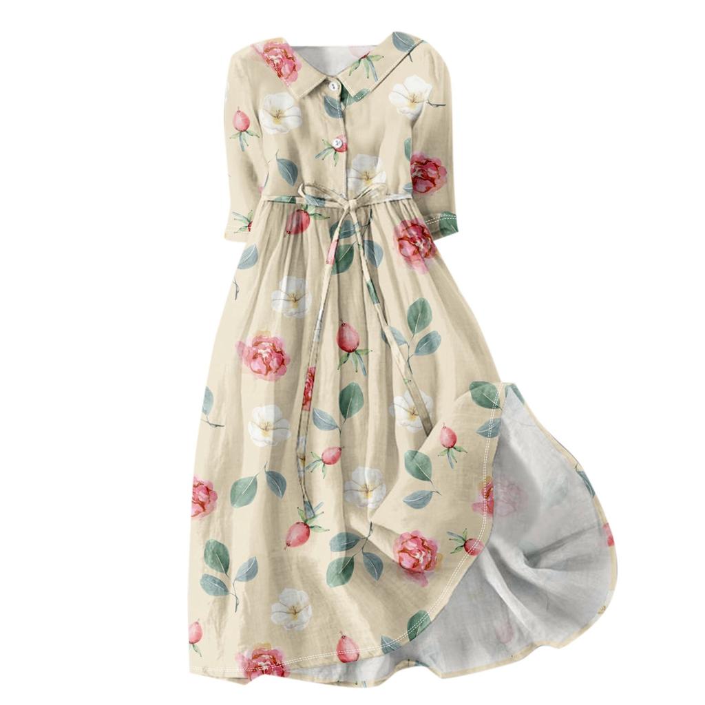 Women's Fashion Vintage Floral Print Lapel Button Three Quarter Sleeves Strappy Dress