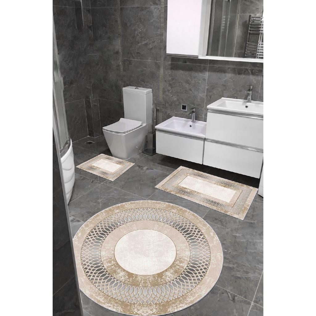 Water Absorbent Bath Mat Sponge Filled Triple Machine Washable Mink Gray Bathroom Set