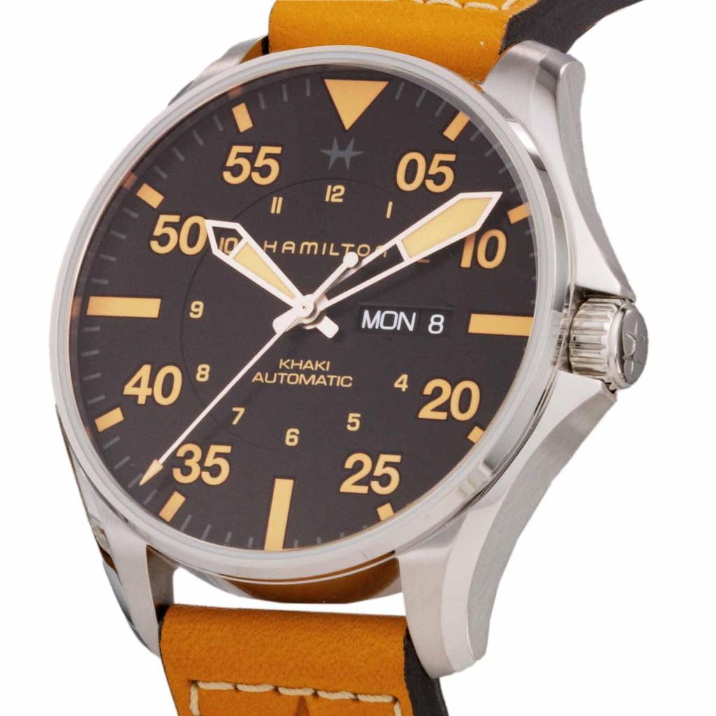 Watch Khaki Aviation Pilot Day Date Auto Khaki Aviation Black Dial Stainless Steel Sapphire Glass Automatic 46MM Swiss Brand Watch H64725531 Brown