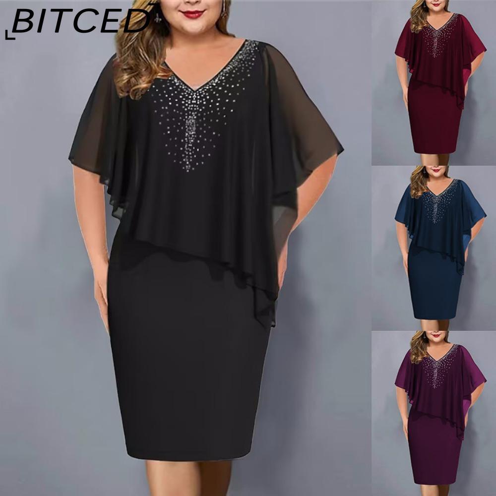 BITCED Women Plus Size V Neck Asymmetrical Buttocks Dress Chiffon Sequin Dress(L-5XL)
