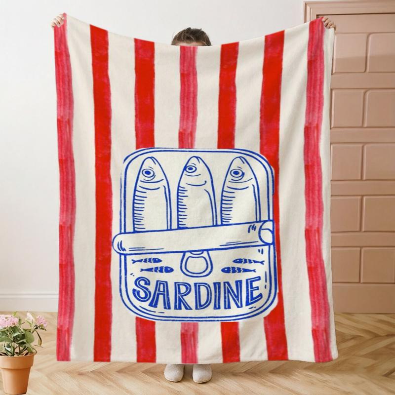 Red White Striped Sardine Can Fleece Blanket For Retro Kitchen Decor Lightweight Plush Throw Blanket Cover