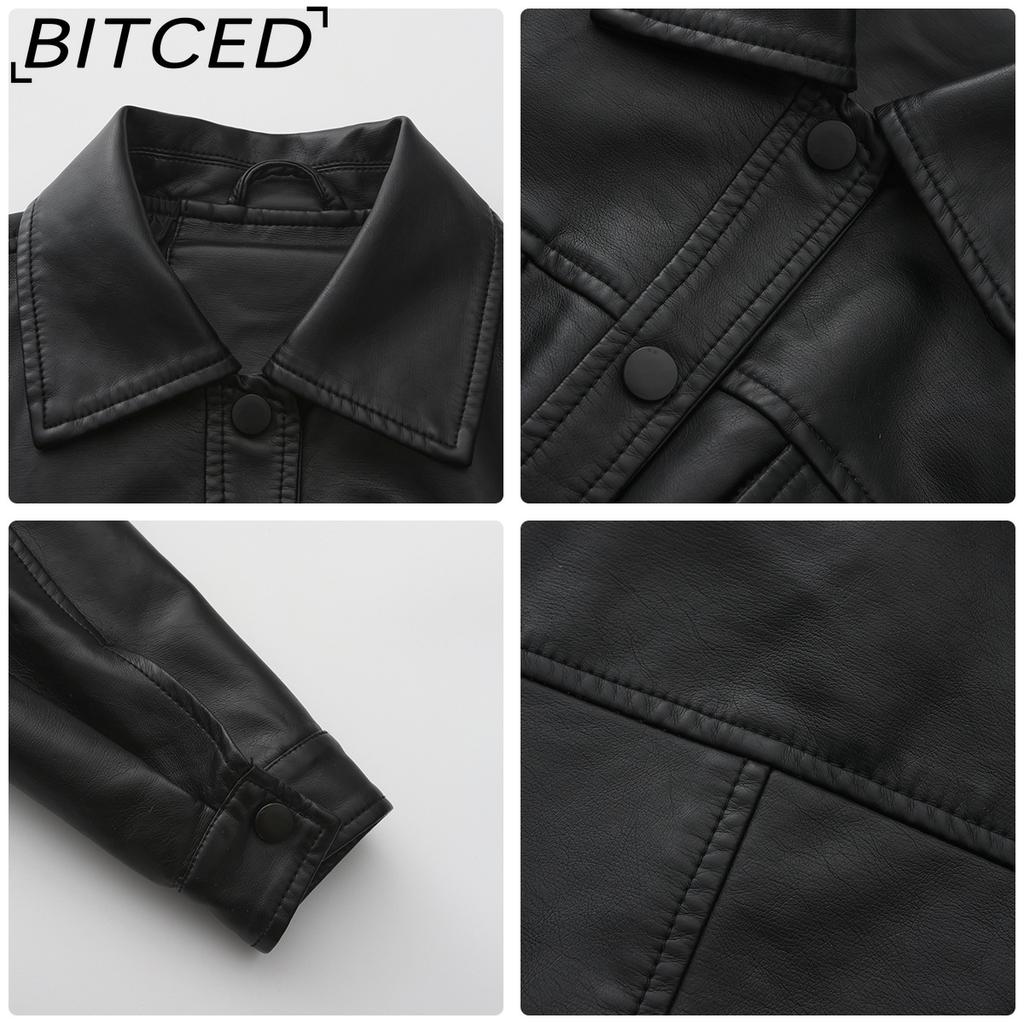BITCED Весенне-осенняя повседневная кожаная куртка свободного кроя для женщин с длинными рукавами, однобортная, короткой длины