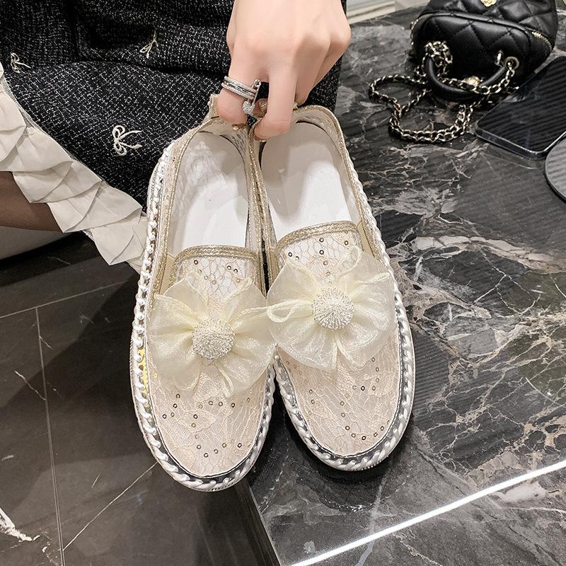 Летние туфли-маффины из сетки со стразами на толстой подошве, повседневные одинарные туфли, женские блестящие с бантом, на толстой подошве, с прострочкой