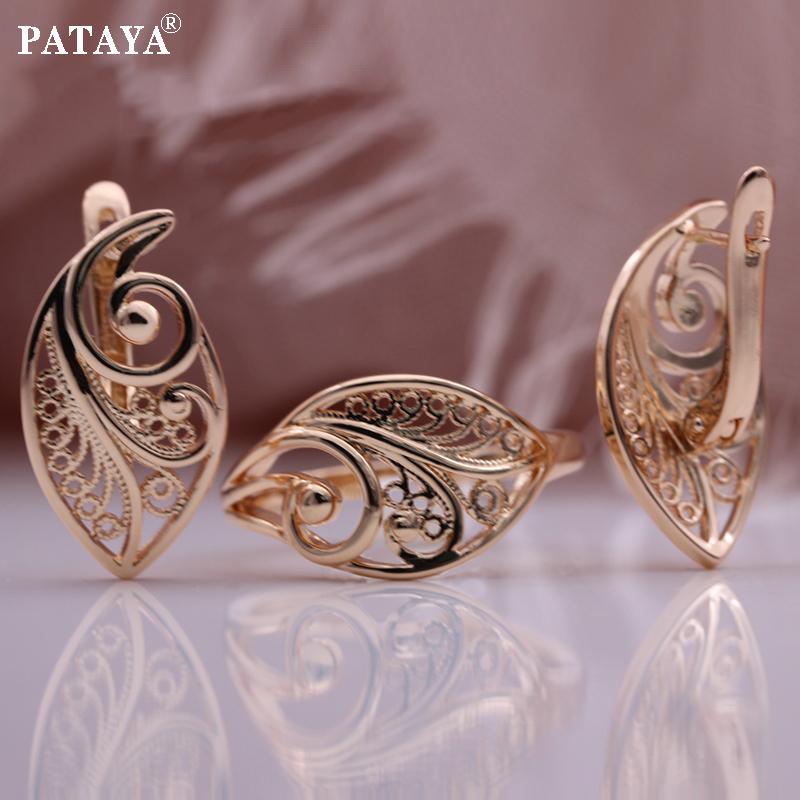PATAYA Hollow Geometric Line Type Earrings Rose Gold Color Vintage Classic Antique Classical Earring Ring Combination Set