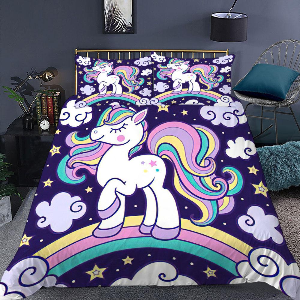 Unicorn Duvet Cover Set King Queen Size Pink 3D Print Cute Unicorn Star Rainbow Cloud for Kids Girls Boys Polyester Bedding Set