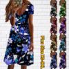 Летняя мода женская V-образным вырезом с коротким рукавом Элегантное платье с цветочным принтом лилии Секс-платье