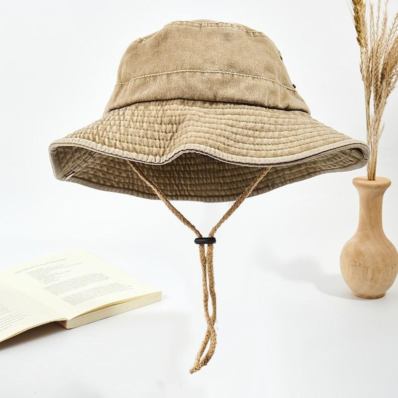 Washed new board with sunshade foldable basin hat outdoor fishing windproof rope big eaves hat denim bucket hat sun protection