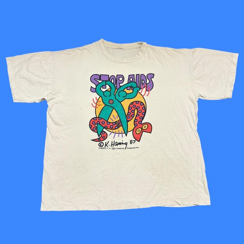 Винтажная футболка Keith Haring XL Мужская Белая 80-е Однострочный шов Поп-арт Футболка Stop Aids Унисекс