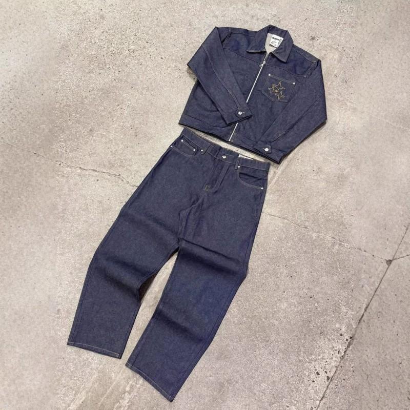 Mens Retro Washed Denim Set Long Sleeve Zip-Up Jacket Straight Leg Jeans Casual Outfit