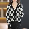 Свитер с v-образным вырезом, клетчатый кардиган, женский 2023, осенне-зимний повседневный свободный свитер с длинными рукавами, уникальный вязаный свитер, женский кардиган