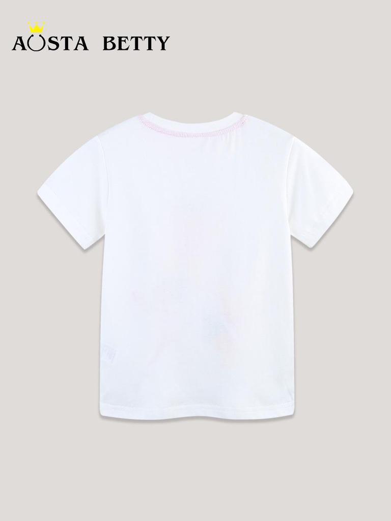 AostaBetty Girls' Short Sleeve Summer T-shirt - European & American Style Fashion Print, Round Neck.