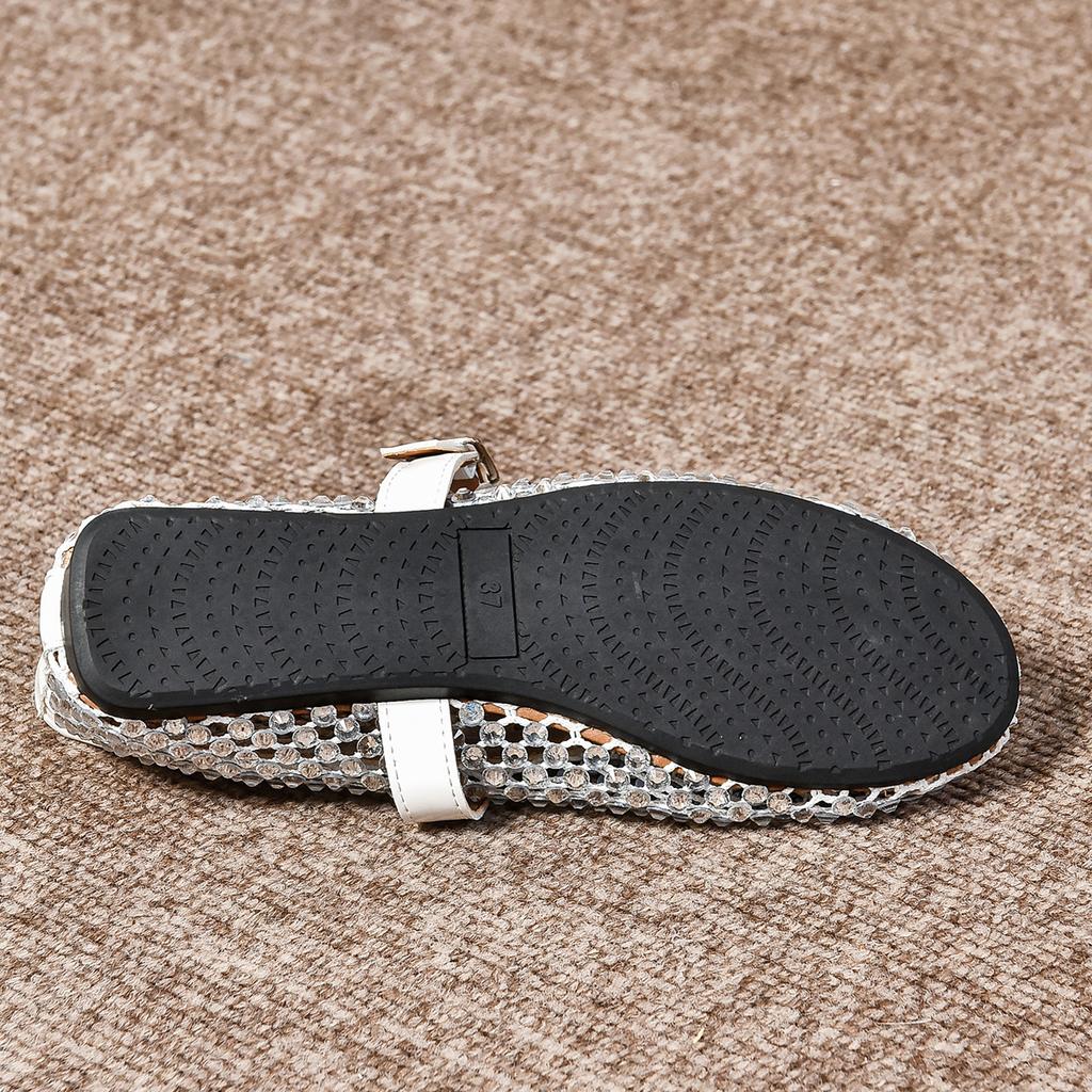2024 Summer Mesh Buckle Hollow Breathable Flat Shoes Full Diamond Women's Sandals Hollow Fashion Single Shoes Fishing Net Shoes Women's