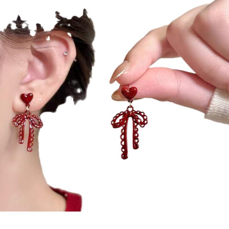 Серьги-бантики в стиле ретро с винно-красным сердцем — стиль Гонконга для женщин, повседневные и универсальные аксессуары