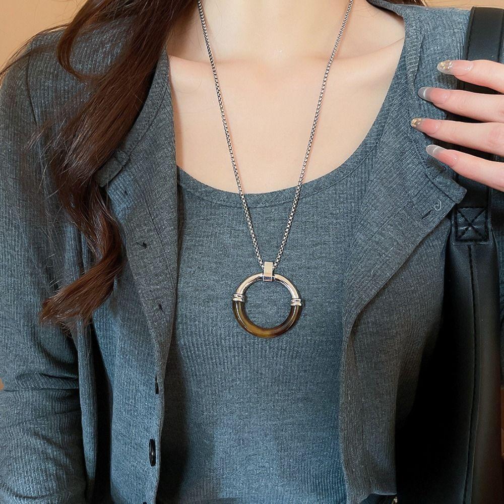 Circle Pendant Amber Splicing Necklace Stainless Steel Chain Sweater Chain  Birthday Gift