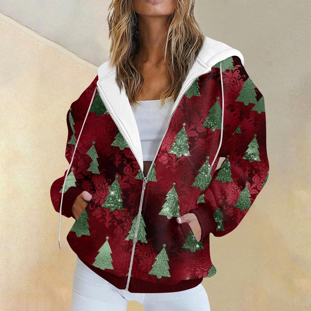 Женская модная повседневная толстовка с рождественским принтом и длинными рукавами, карманная куртка, пальто с капюшоном на молнии